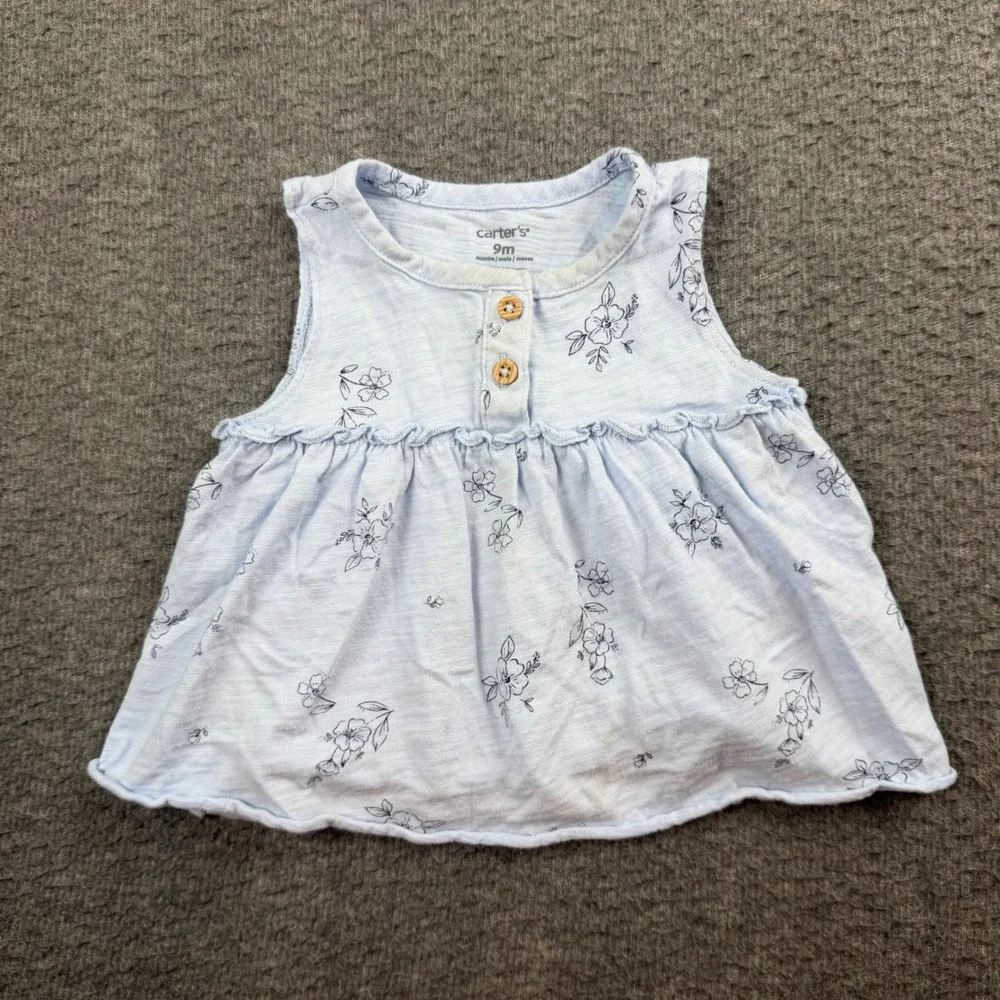 Carter's Floral Sleeveless Top Baby Girl 9M Blue Henley Ruffle Babydoll Shirt‎